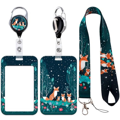 Cute Lanyard with Badge Holder for Teacher, Galaxy Fox Retractable Reel Clip Lanyards for ID Name Cards Keychain Keys - color: Forest Fox