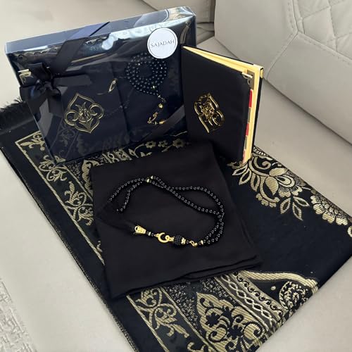 SAJADAH Muslim Prayer Rug Set - 4 in One Islamic Gifts Set, Prayer Mat, Prayer Beads, Hijab, Surahs Book,Eid Gifts - color: Black