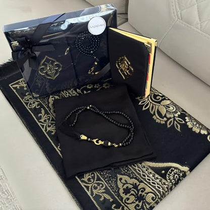 SAJADAH Muslim Prayer Rug Set - 4 in One Islamic Gifts Set, Prayer Mat, Prayer Beads, Hijab, Surahs Book,Eid Gifts - color: Black