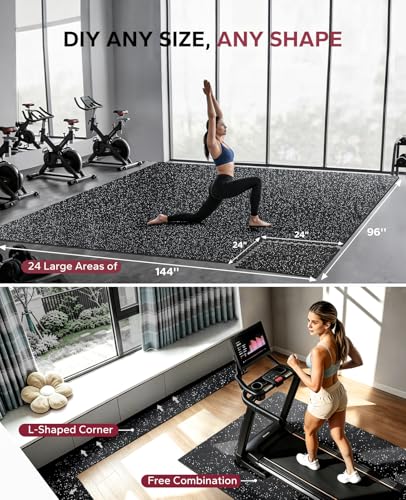 HAPBEAR 0.56'' Thick 12 Pcs 48 Sq Ft Exercise Equipment Mats - High-Density Rubber Top EVA Foam Interlocking Mats, 24x24in Tiles, Heavy-Duty Treadmill Mat for Hardwood Floors, Home Gym Mat - color: 24 Tiles（ 96 Sq Ft ）- Black