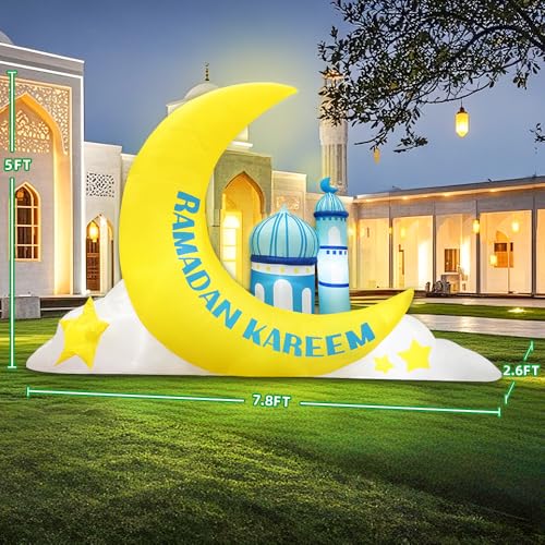 KOOY 7.8 FT Long Inflatable Ramadan Crescent Moon Decorations with Mosque & Star Blow Up Islamic Eid Decor Muslim Holiday Outdoor Decorations with LED Lighted