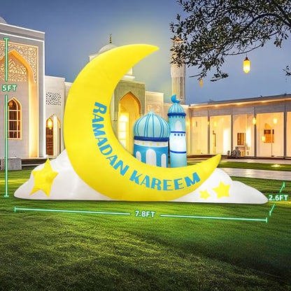 KOOY 7.8 FT Long Inflatable Ramadan Crescent Moon Decorations with Mosque & Star Blow Up Islamic Eid Decor Muslim Holiday Outdoor Decorations with LED Lighted