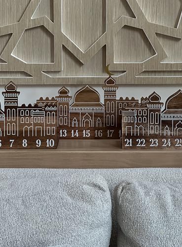 Wooden Ramadan City Countdown Calendar | 30-Day Advent Calendar for Kids & Home | Solid Wood Ramadan Decorations with Gold Metal Moon