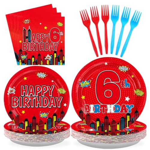 Greencian 96Pcs Red 6th Birthday Party Decorations, Serve 24 | 6th Birthday Plates and Napkins Red Disposable Tableware for Boys 6 Year Old Birthday Party Supplies - style: Spider Birthday Kit