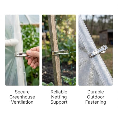 50 PCS Garden Clips for Netting - Stainless Steel Greenhouse Clamps | RAINFLOW Strong Grip Heavy Duty Metal Clip for Shade Cloth, Plant Cover, Garden Hoops & Greenhouse Supplies