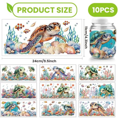 arricraft 10 Sheets UV DTF Cup Wraps for 16 OZ Glass Cups, 10 Styles Cartoon Sea Turtle Fish Seaweed Rub on Transfers PVC Transfer Stickers Waterproof Rub Decals for DIY Your Holiday Presents - style: Sea Turtle