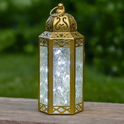 Vela Lanterns Decorative Indoor Fairy Light Ramadan Candle Holder, Gold, M | Eid Mubarak & Wedding Decorations, Turkish Moroccan Metal Hanging Lamp, Table Centerpieces, Outdoor Porch, 10.5" Tall - color: Gold/Clear, size: Medium