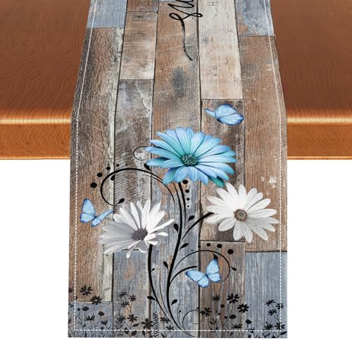 Spring Daisy Table Runner, Retro Rustic Floral Seasonal Farmhouse Butterfly Boho Vintage Wooden Plank Country Kitchen Dining Table Scarf for Kitchen Living Room Home Party Decor 13"x36" - color: Tr-daisy09, size: 13x36" Table Runner