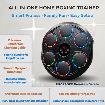 Premium Heavy Duty Burwayo Smart Music Boxing Machine for Adults | Wall-Mounted Bluetooth Punching Pad with Lights, 12 Modes Speeds, Adjustable Height, Gloves Included – Home Fitness for Teens
