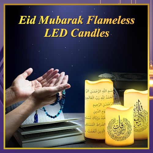 Tujoe 3 Pcs Eid Mubarak Flickering Flameless Candles Ramadan Decor Eid Mubarak LED Battery Operated Candles Candle Lights for Muslim Eid Ramadan Decor for Home - style: Classic