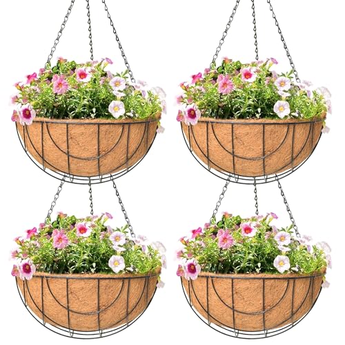 4 Pack 14 Inch Hanging Baskets for Plants Outdoor Metal Hanging Planter Hanging Flower Baskets with Coco Fiber Liners Chain Round Wire Plant Holder Hanging Flower Pots - size: 14 Inch, style: Flower Border