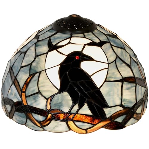 Bieye S10956 Raven Sitting on Bare Tree Tranch Against Full Moon Tiffany Style Stained Glass Lampshade (Dark Blue, 12Wx7.75H) - size: 12Wx7.75H