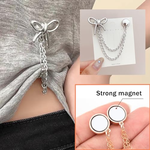 Ouliget Multi-Function Magnetic Clothing Clips,Pinless Brooch Chain Magnetic Buttons Shawl Clips for Hijab, Loose T-Shirt Hems, Sleeves, Collar and Pants Hems,4 Pieces (Silver Bow) - color: Silver Bow