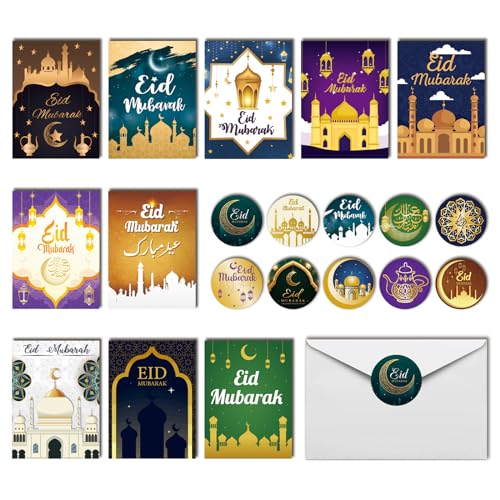 PARSUP 50 Pack Eid Mubarak Cards, Islamic Ramadan Card Paper Greeting Cards Ramadan Mubarak Decorations with 20 Envelopes & Eid Mubarak Stickers for Party Supplies Celebration
