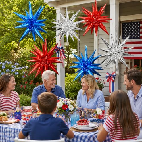 Red Blue Silver Star Balloons, 6PCS 22 Inch Foil Explosion Star Balloons - color: Dark Blue Red Silver