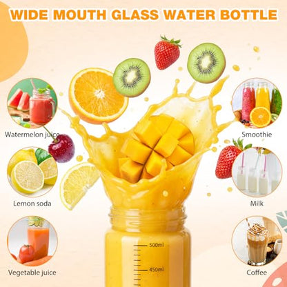LemonRoad 12 Pack 17 oz Glass Juice Bottles Bulk Scale Wide Mouth Glass Water Bottles with Leakproof Stainless Steel Lids, Borosilicate Reusable Container for Juicing Smoothies Infused Water - size: 17 oz