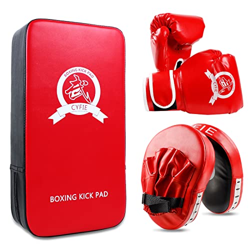 SEISSO Boxing Kick Pads Punching Mitts Curved,Kids Boxing Gloves,Leather Material Art Karate Pad Thai Hand Pad Focus Target Kickboxing Hand Target for Kicking Shield Training,Sparring,Dojo(5Pcs Set)