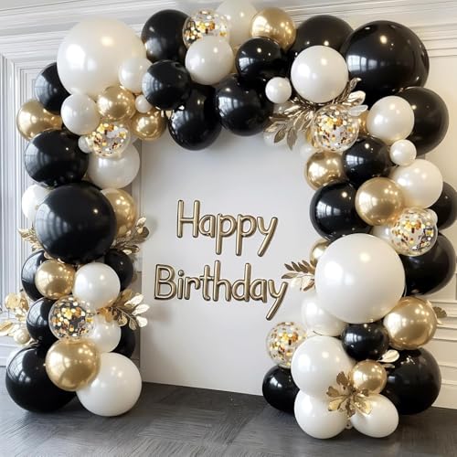 Black Gold White Balloons Arch Kit - 129 pcs Double Stuffed Pearl Sand White Black Chrome Gold with Confetti Balloon Garland for Birthday Graduation Father's Day New Year's Party Decoration - color: Black Gold White