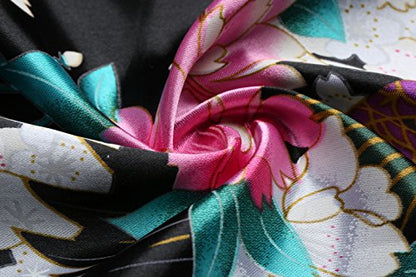 BABEYOND Women's Kimono Robe Long Satin Robes with Peacock and Blossoms Printed Kimono Nightgown - color: Black, size: One Size Plus