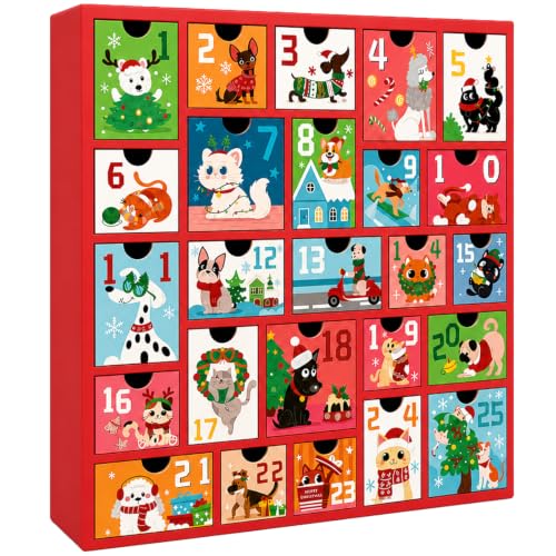 FOIMAS Christmas Wooden Advent Calendar with 25 Drawers, Red Animal Christmas Wooden Countdown Calendar with Drawers for 2026 Xmas Home School Office Party Decoration - color: Red