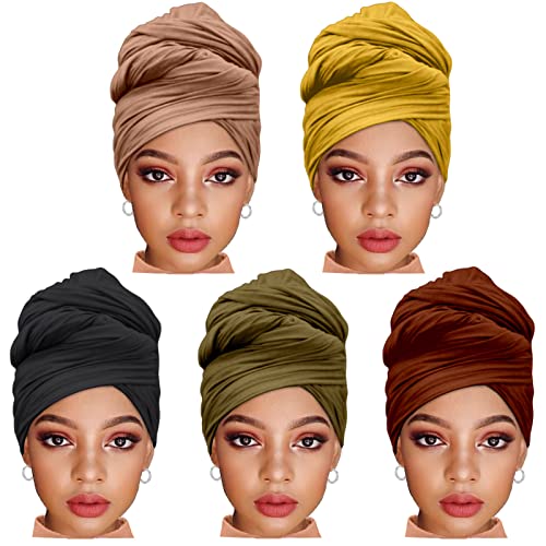 ZRQ 5 Pieces Solid Color Multicolor Combination Stretch Hijab Extra Long Scarf Jersey Turban Fashion Head Scarf Soft Head Wraps for Women (Black,Camel,Coffee,Army Green,Turmeric) - color: Black,Camel,Coffee,Army Green,Turmeric