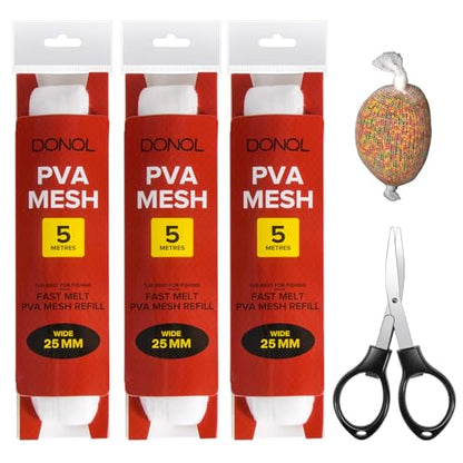 DONQL 5M PVA Mesh for Carp Fishing 3Pcs Fast Water Soluble Mesh Bait Bags | 45" PVA Bags for Carp Fishing, Refill Spawn Netting Bait Meshs, Fishing Refill Stocking for Rig Pellets - size: 25MM