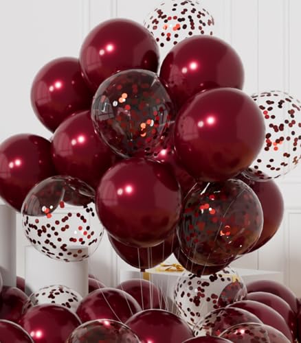 AULE Party Balloons Pack of 42 - Metallic Burgundy Balloons and Confetti Latex Helium Balloons With 64ft Ribbons - 12 Inch Mroon Chrome Balloon Decoration Set - color: Burgundy