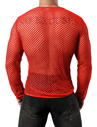 JOGAL Mens Fishnet Mesh Long Sleeve Shirt Fitted Muscle Top - color: Red, size: XX-Large