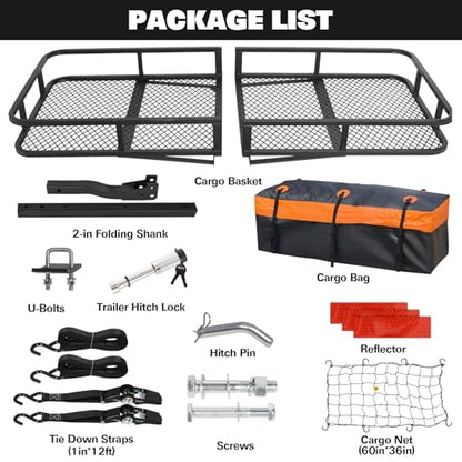 WEIZE Folding Hitch Mount Cargo Carrier Basket 60" x 20" x 6" with Waterproof Bag, Net, Strap, 2-Inch Folding Shank, 500 lbs Capacity Hitch Rack, Steel Construction - size: 60" x 20" x 6"