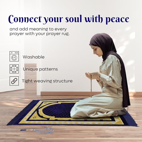 Muslim Prayer Rug, Soft Plush Thin Islamic Prayer Mat, Janamaz, Sajada, Praying Carpet, Islamic Gift, Foldable Portable Turkish Prayer Mat for Men&Women, Lightweight Travel Prayer Rug, 26"x43" - color: Taif / Navy