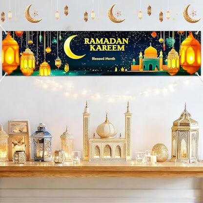 BlissYard Ramadan Eid Mubarak Party Backdrop Banner 78 X 12 Inch Muslim EID Mubarak Decoration Photo Booth Prop Photography Background Muslim Ramadan Kareem Eid Al Fitr Party Supplies