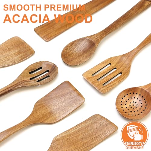 8 Pcs Best Acacia Wood Kitchen Utensil Set Wooden Spoons for Cooking Wok Turner Spatulas Bamboo Non Toxic Cooking Utensils Scraper Spurtle Kitchen Slotted Cooking Spoon Flat Egg Flipper Spatula Set - color: 8Pcs-Utensils