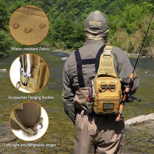Small Fishing Backpack, Waterproof Fly Fishing Sling Pack Tackle Bag with Tackle Boxes - color: B-Khaki(Size:17.7*8.5*5.7in)