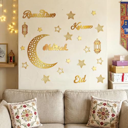 Geelin 23 Pcs Ramadan Decorations for Home 2026 Eid Ramadan Kareem Mubarak Wall Decor Islamic Wooden Gold Moon Star Lantern Wall Art Sign for Living Room Bedroom Muslim Arabic Party Supplies (Eid) - style: Eid