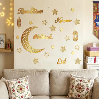 Geelin 23 Pcs Ramadan Decorations for Home 2026 Eid Ramadan Kareem Mubarak Wall Decor Islamic Wooden Gold Moon Star Lantern Wall Art Sign for Living Room Bedroom Muslim Arabic Party Supplies (Eid) - style: Eid