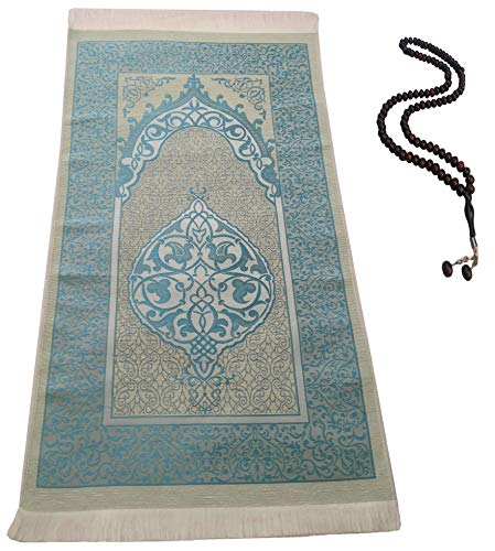 BAYKUL Muslim Prayer Rug-Islamic Turkish Velvet Rugs-Great Ramadan Gifts-Janamaz Prayer Mat for Women Men-Portable Carpet Muslims Mats-Praying Rugs Islam-Sajadah-Gift Praying Beads 99 (Blue) - color: Blue