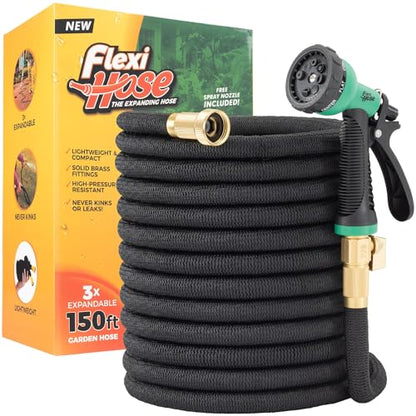 Flexi Hose with 8 Function Nozzle, 150FT - Lightweight Expandable Garden Hose, No-Kink Flexibility, 3/4 Inch Solid Brass Fittings and Double Latex Core - size: 150ft