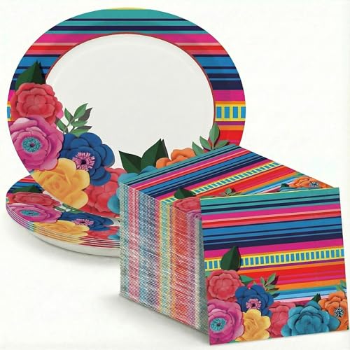Dereinwo 50 Pcs Fiesta Large 12" x 10" Oval Paper Plates and Napkins Disposable Heavy Duty Paper Plates and Napkins for Cinco De Mayo Party Supplies - style: Cinco De Mayo