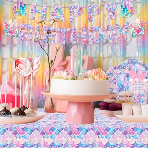 1Pc Fancy Mermaid Party Plastic Tablecloth 54 x 87 Inch Long Table Cover, Mermaid Scales Tail Party Tablecover for Fairy Tale Shell Kids Baby Shower Birthday Dinner Picnic Kitchen Event - color: Fancy Mermaid