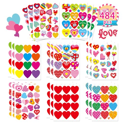 Valentines Stickers, 484 PCS Valentines Day Colorful Heart Stickers - style: Valentine Red Heart