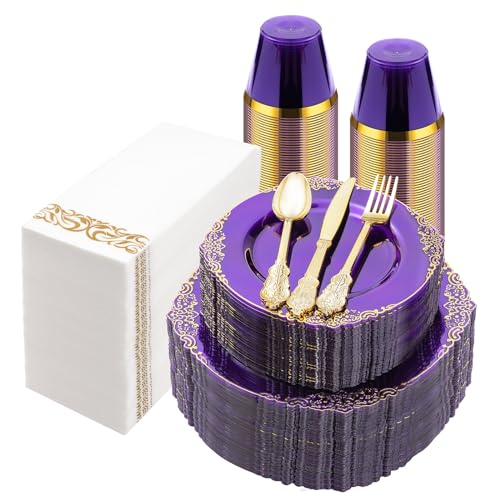 Bestluck 350PCS Clear Purple Plastic Plates for 50 Guests - color: Purple, size: 50 Guests