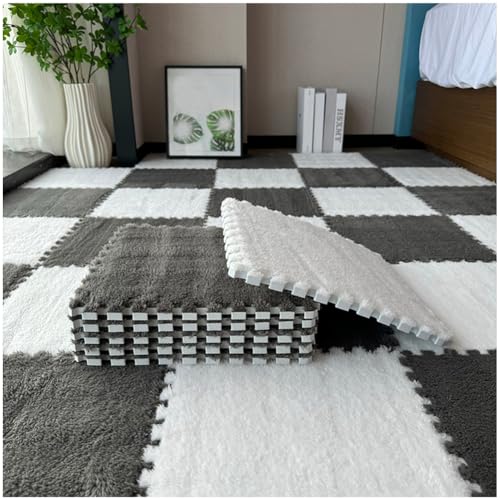 FYYSJW 10 Piece Plush Patchwork Foam Floor Mat, Soft Interlocking Floor Carpet Squares, Fluffy Puzzle Area Rug, 12 X 12 Inch,Gray+White - color: Gray+white