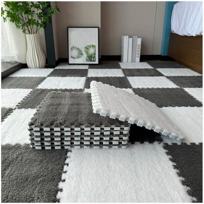 FYYSJW 10 Piece Plush Patchwork Foam Floor Mat, Soft Interlocking Floor Carpet Squares, Fluffy Puzzle Area Rug, 12 X 12 Inch,Gray+White - color: Gray+white