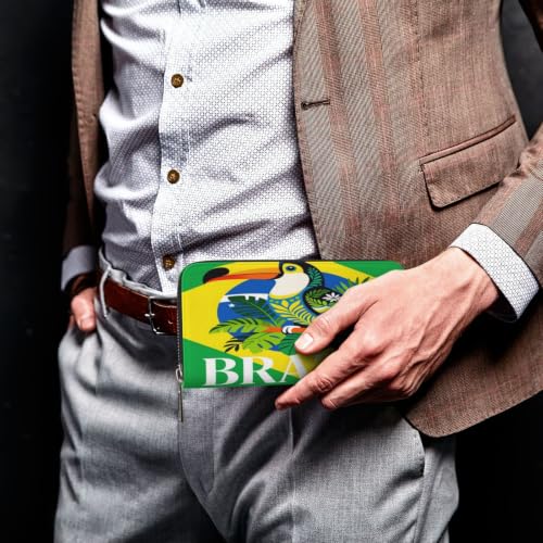 Brazil Toucan Green Background PU Leather Long Wallet for Women Men, Zipper Clutch Wallet RFID Card Holder Organizer - color: Brazil Toucan Green Background