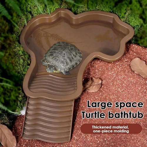 Extra Large Reptile Bathing Pool Reptile Feeding Dish Water Bowl with Ramp Aquarium Ornament for Gecko, Snake, Turtle, Bearded Dragon, Lizard Bath (Brown Yellow) - color: Brown Yellow