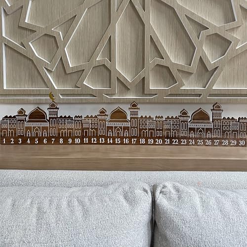 Wooden Ramadan City Countdown Calendar | 30-Day Advent Calendar for Kids & Home | Solid Wood Ramadan Decorations with Gold Metal Moon