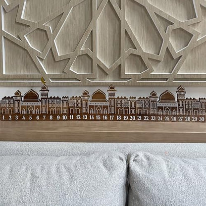 Wooden Ramadan City Countdown Calendar | 30-Day Advent Calendar for Kids & Home | Solid Wood Ramadan Decorations with Gold Metal Moon