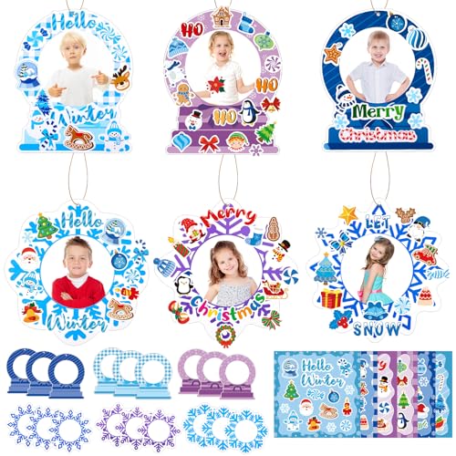 NOVWANG 30 Set Winter Craft Kit, DIY Picture Frame Snowflake Snow Globe Crafts Photo Ornaments with Stickers for Winter Holiday Classroom Activities Home Decor - color: Multicolour-Snowflake Style