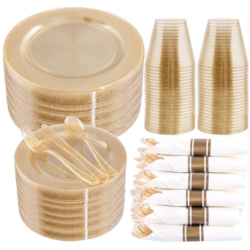 WELLIFE 210Pcs Gold Glitter Dinnerware Set, Gold Glitter Disposable Dinnerware for 30 Guests, Include: 30Dinner Plates, 30Dessert Plates, 90Gold Glitter Silverware, 30 Cups, 30 Paper Napkins - color: Gold Glitter, style: 210PCS（30 Guests）