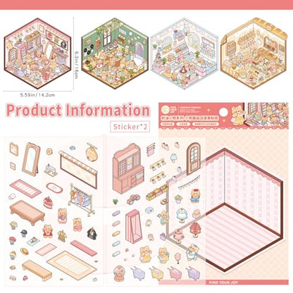 Girls 3D Miniature Scene Stickers, 4 Sets Mini Shop DIY House Stickers for Clothing Store, Coffee Shop, Bakery, Dessert Shop, Cute 3D Cartoon Sticker Scenes for Adult Kids Relief Stress Pass The Time - style: Mini Shop